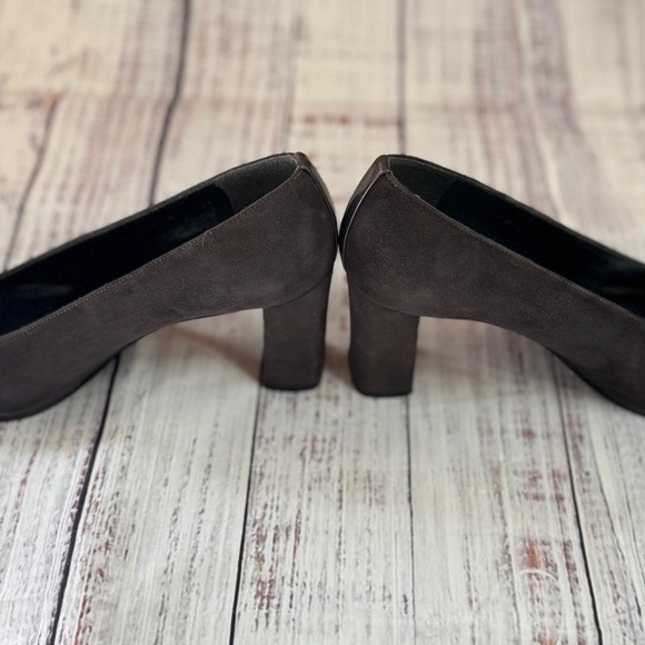 Stuart Weitzman Dark Grey Charcoal Suede Pumps Block Heel 8 Leather Square Toe - Picture 2 of 11